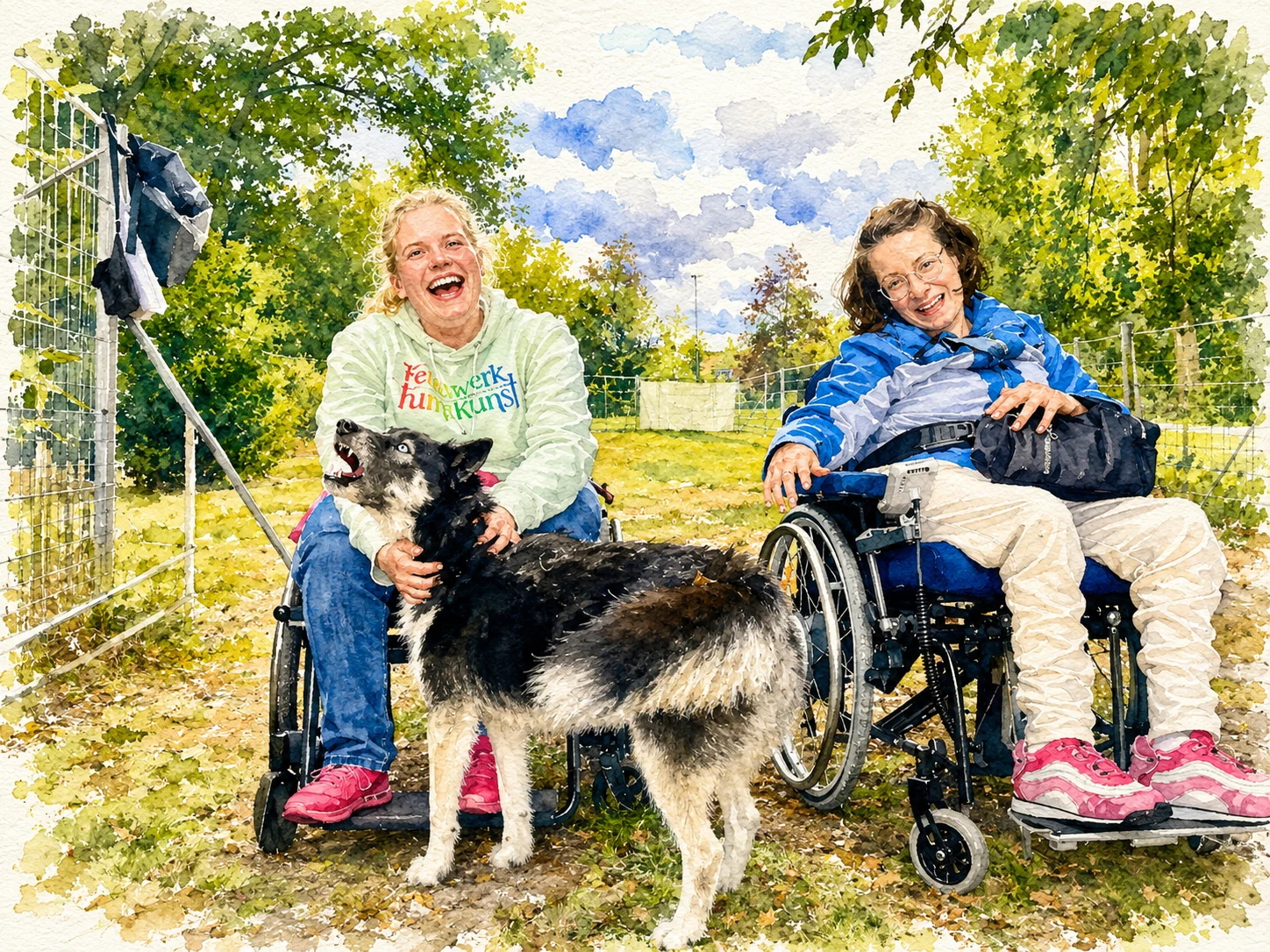 Zwei Frauen im Rollstuhl mit einem Hund in der Mitte lachen