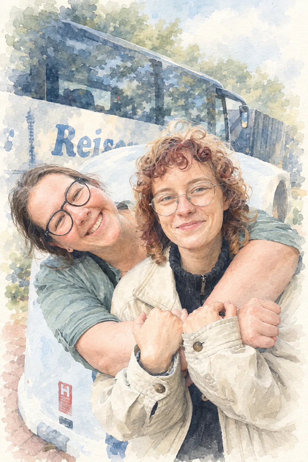 Zwei Frauen umarmen sich lachend vor einem Reisebus – als natürliche, sanfte Aquarellillustration in warmen, dezenten Farbtönen.