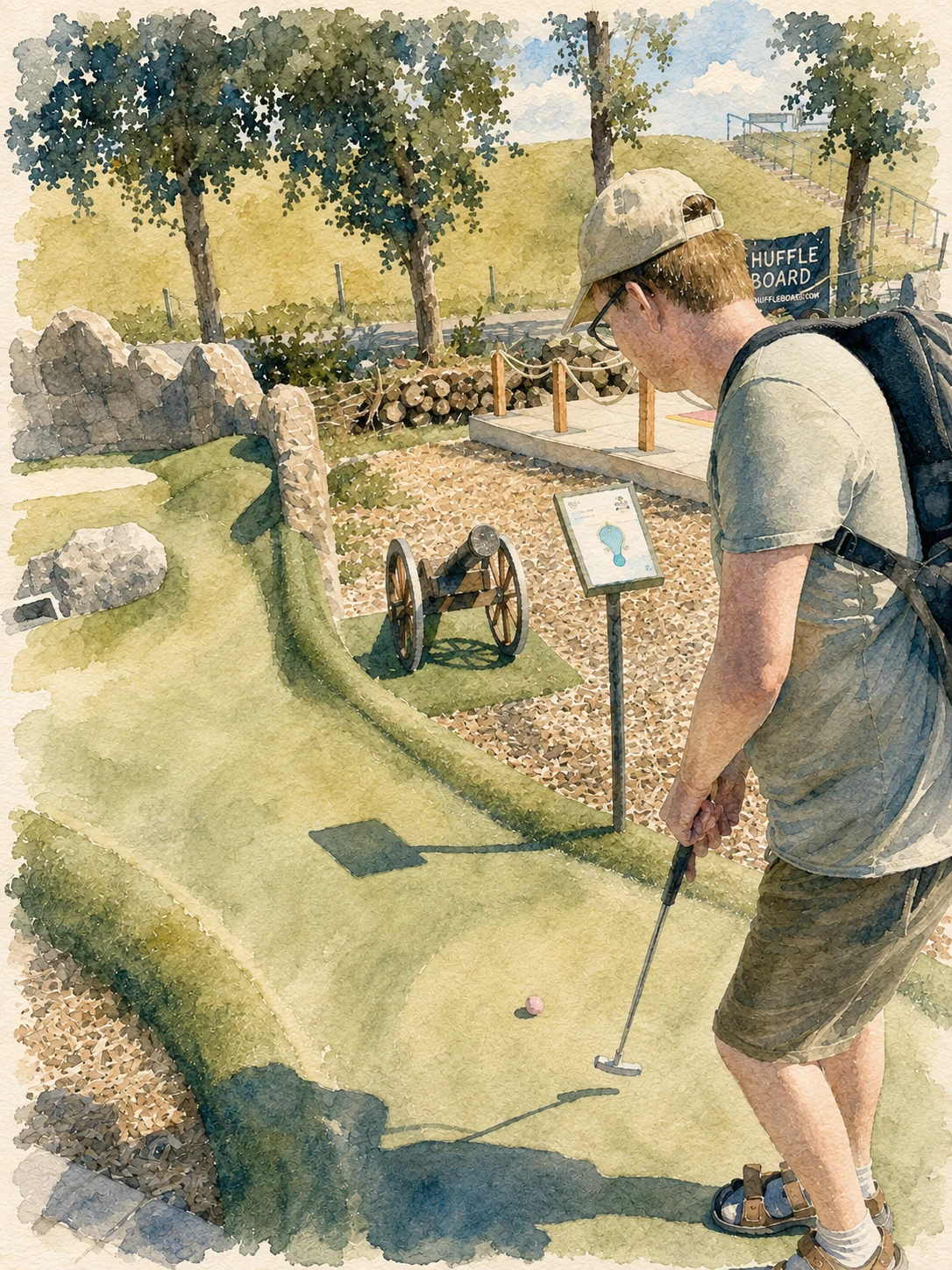 Ein junger Mann spielt auf einer naturnahen Minigolfanlage