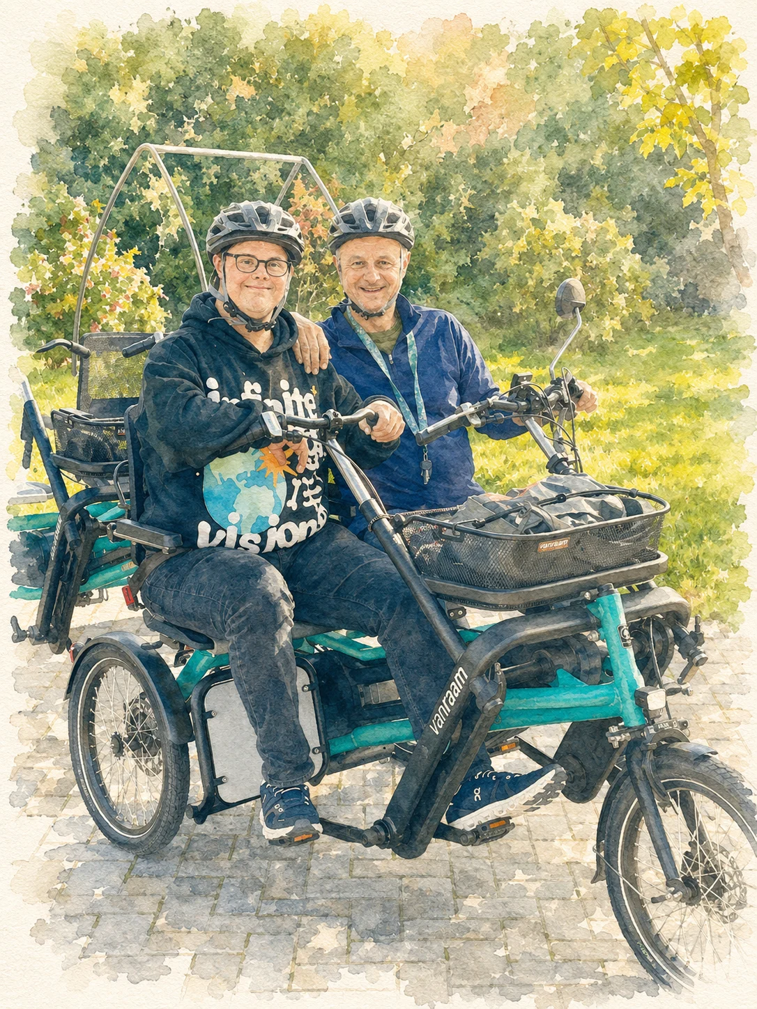 Zwei Männer mit Fahrradhelmen sitzen lächelnd auf einem Spezial-Dreirad im Grünen