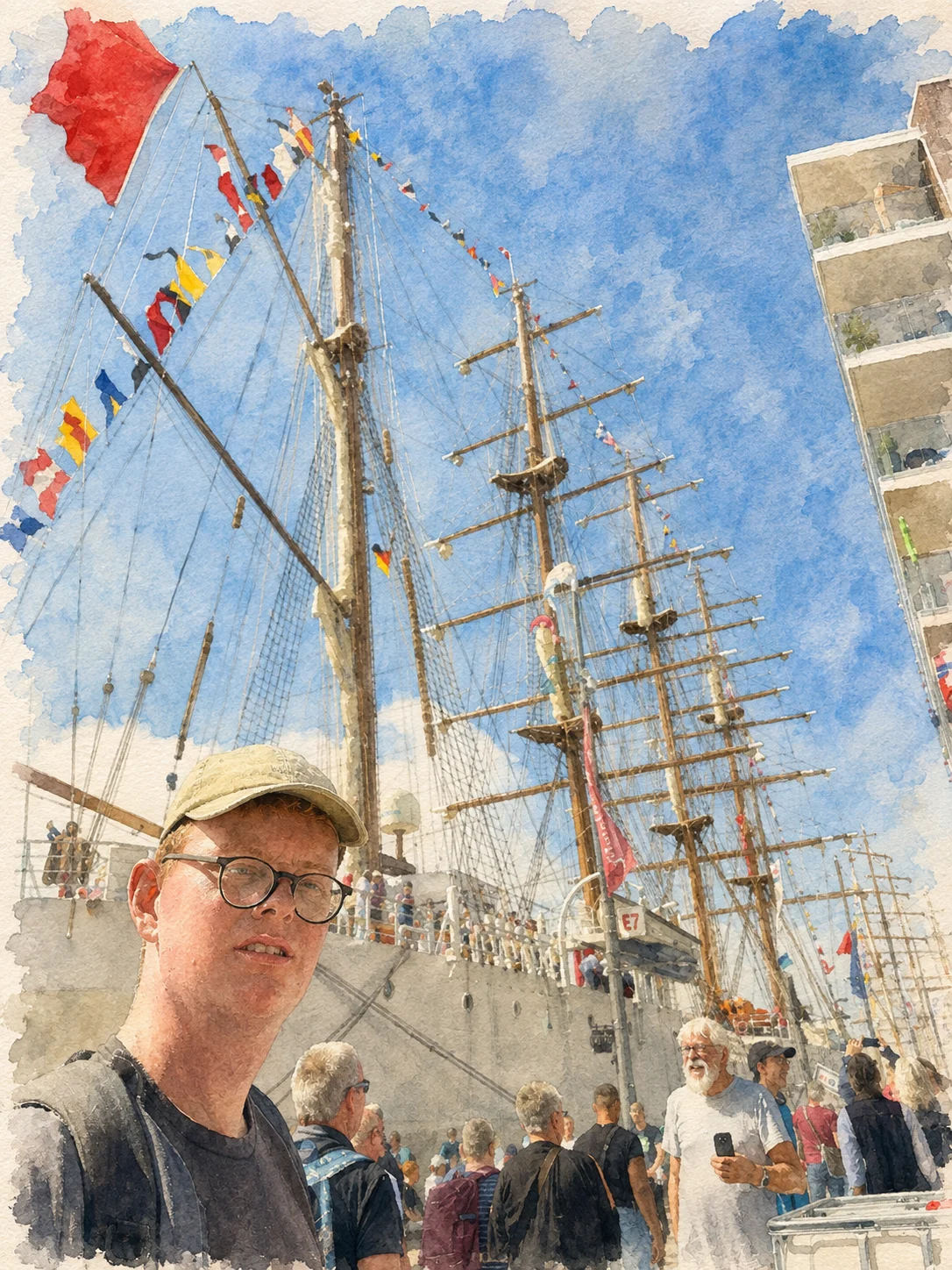 Junger Mann vor einem imposanten Segelschiff mit bunten Flaggen bei einem gut besuchten Hafenfest.