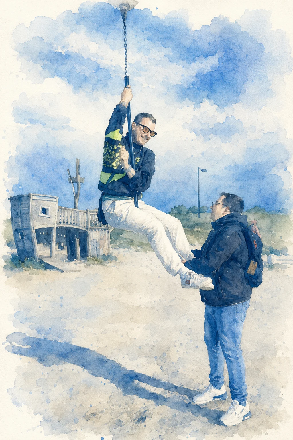 Zwei Personen sind auf einem Spielplatz und sind auf einer Art Seilbahn
